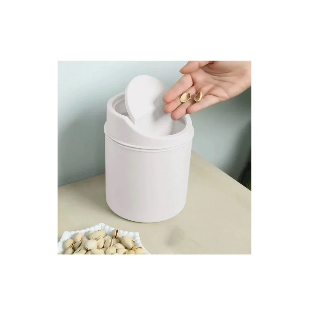Mini Desktop Trash Can with Lid – Off White Plastic Bin for Office, Vanity, Car